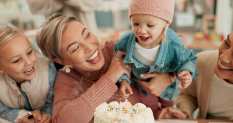 Birthday cake, home and mother with children, granny and happiness with celebration, smile and joyful. Sweet treat, apartment and family with parent, kids and excited with fun, cheerful and party