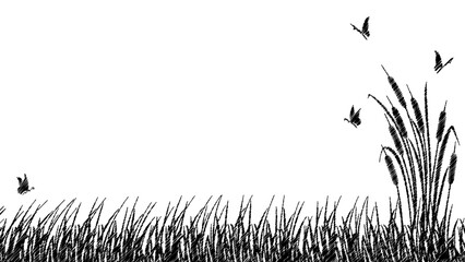 Landscape silhouette of reeds and marsh grass. Sketch of cattail landscape with butterflies
