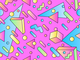 Geometric seamless pattern with 3d shapes in 80s style. Colorful gradient geometric pattern in isometric style. Design of promotional products, wrapping paper and printing. Vector illustration