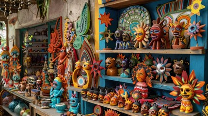 Colorful wooden masks and figurines displayed in a shop in india