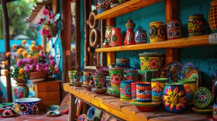 Fototapeta premium Colorful hand-painted pottery displayed on wooden shelves in a mexican market