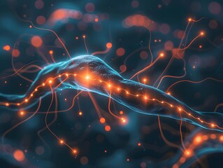 Abstract digital neural network with glowing nodes and connections.