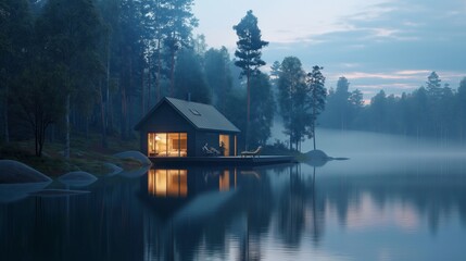 Fototapeta premium Cozy lakeside cabin surrounded by misty twilight forest.