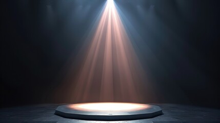 Spotlight illuminating empty stage platform in dark room