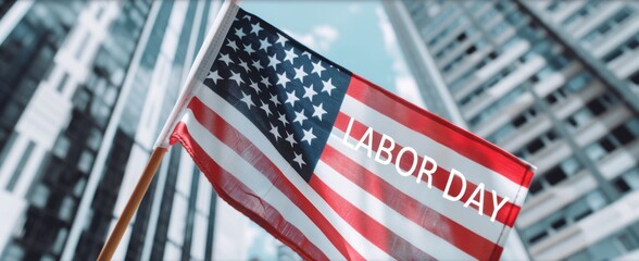 American flag with 'Labor Day' text waving in cityscape, symbolizing U.S. celebration and honoring workers.