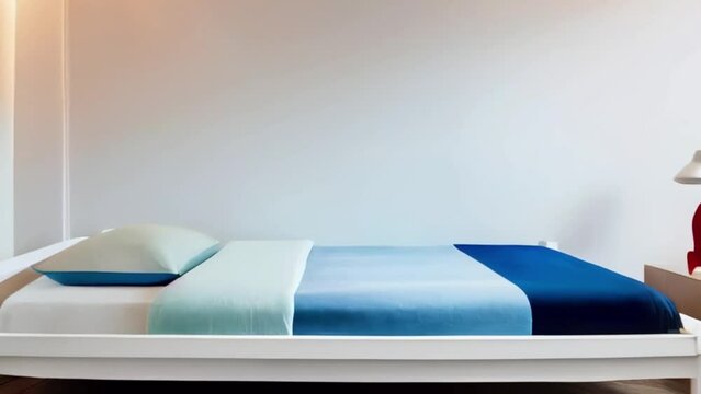 A child's bedroom with a minimalist design and white walls, The bed is simple with blue and pastel-colored sheets, and no duvet, without any addition, 4K HD video created with generative ai.