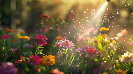 Colorful garden flowers under sunlight sprinkle.