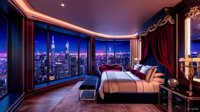 A lavish bedroom with walls clad in rich, dark wood, large windows stretching from floor to ceiling, 4k digital video created with generative ai.