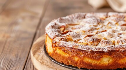 Close-up shot of a homemade almond cake topped with powdered sugar, wooden table, rustic kitchen, realistic, Fusion, natural lighting, focus cover all object