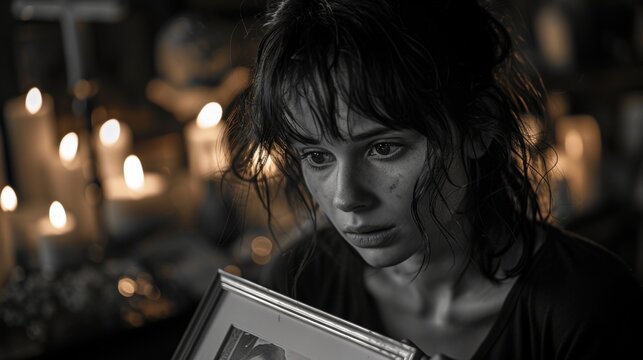 Woman holding a picture of a man with a candle lit background, International Day of the Disappeared'