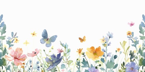 cute watercolor floral border on a white background, with wildflowers and butterflies