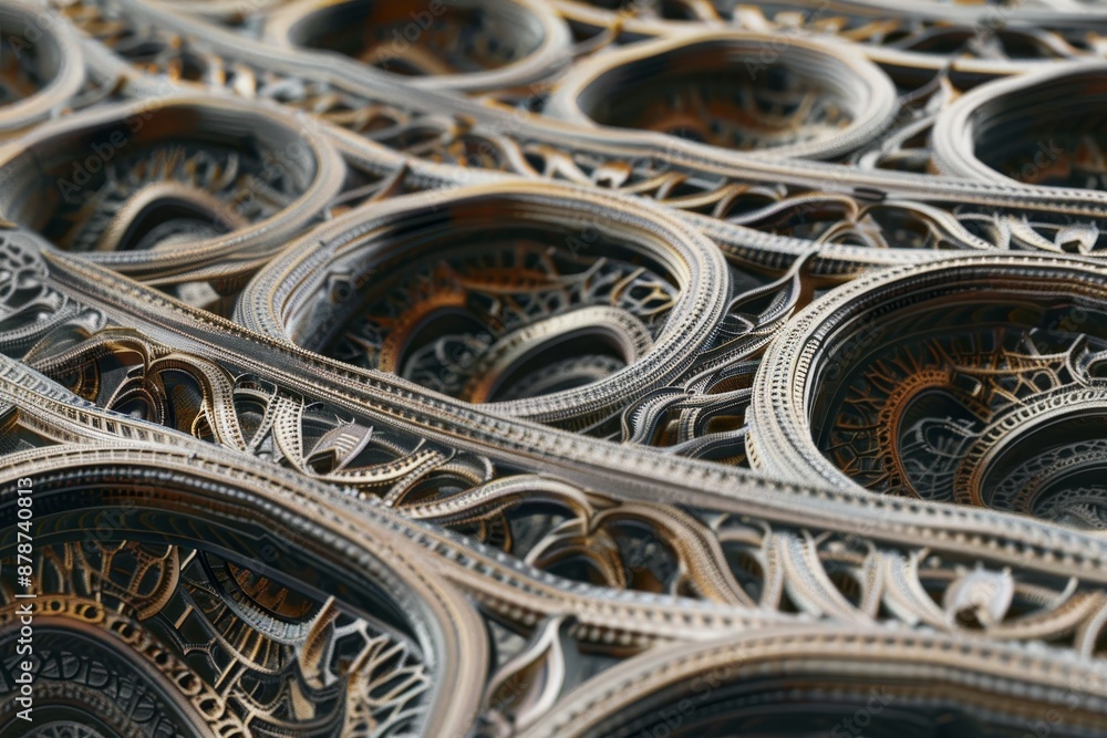 Poster close-up view of a collection of assorted metal objects arranged together, craft an intricate patter