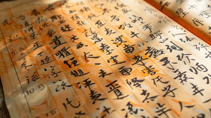Close-up view of ancient chinese text on a handwritten manuscript
