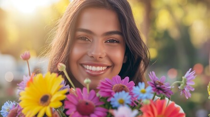 A smiling woman holding a vibrant bouquet of flowers outdoors against a warm, sunny background.