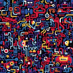 A vibrant surreal seamless pattern of colorful squares arranged in a dynamic grid against a black background.