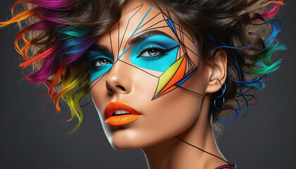 Fototapeta premium Conceptual representation of the head of a woman or fashion model with very colorful makeup, graphic objects and lines in an illustrative style - ai generated