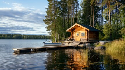Fototapeta premium Wooden cabin by a serene lake, nestled among tall trees with a small dock and boat at sunset.