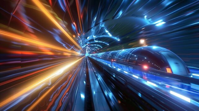 A hyperloop train speeding through a transparent tunnel at incredible speeds