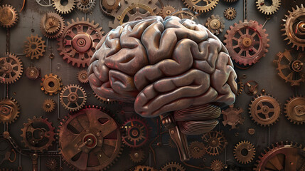 Illustration of a brain with a background of mechanical gears, representing the concept of mental machinery and cognitive processes.

