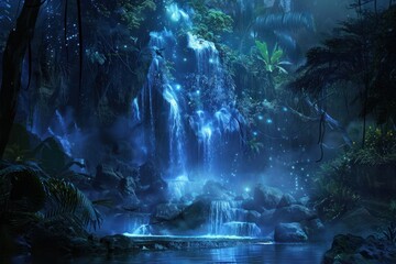 Fototapeta premium Mystical forest waterfall glowing with bioluminescence, creating a magical nighttime scene, enchanted nature concept