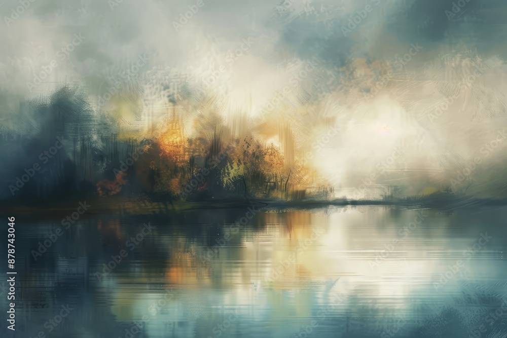 Poster a painting featuring a body of water with trees in the background, rendered in soft blurred strokes,