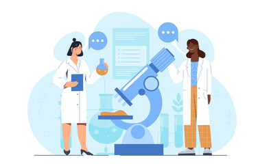 Biotechnology research concept. Women in medical gowns with microscope analyze structure of molecule. Team of scientist in laboratory. Chemical experiment. Flat vector illustration