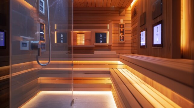 A high-tech sauna with touchscreens for selecting personalized sauna programs