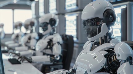 Humanoid robots working at computer stations in modern office setting