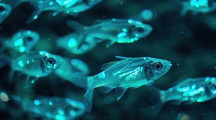 Fototapeta premium Vivid bioluminescent fish in the dark ocean, bioluminescence nature, glowing marine life, oceanic glow, underwater beauty concept