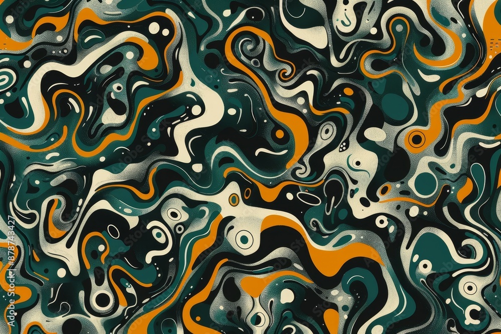 Poster a random pattern of green, orange, and white colors creating a chaotic composition, create a chaotic