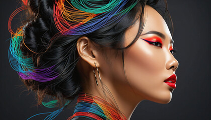 Naklejka premium Conceptual representation of the head of a woman or fashion model with very colorful makeup, graphic objects and lines in an illustrative style - ai generated