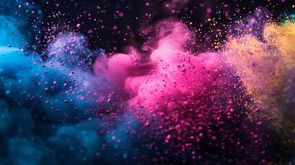 Festiwal kolorów holi - kolorowe proszki na czarnym tle. Sztuka nowoczesna. Tapeta lub szablon baneru. Różowe i niebieskie dynamiczne ujęcie © yeseyes9