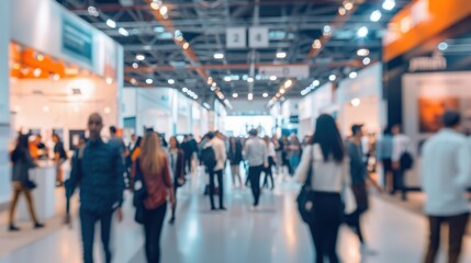 Blurred view of people walking through a large convention center