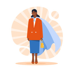 Business lady concept. Woman in suit with superhero cape. Confident entrepreneur with high self esteem. Talented and successful businesswoman. Flat vector illustration isolated on white background