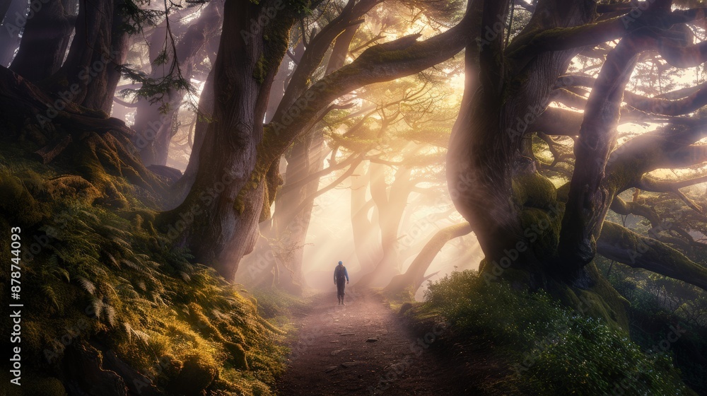 Poster a man is walking down a path in a forest
