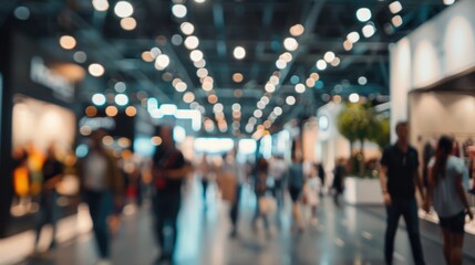 Blurred view of a crowded convention center during the day