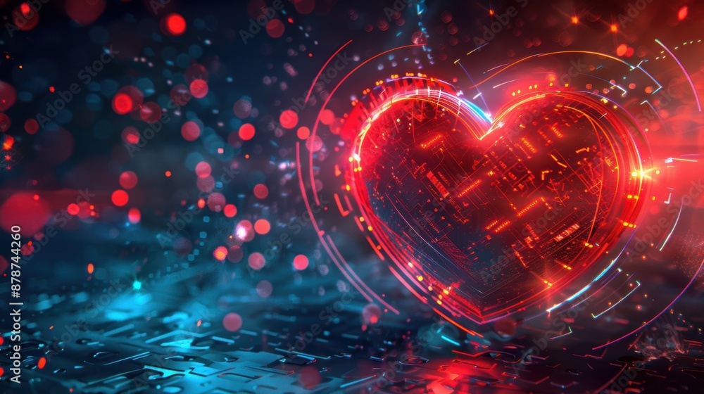 Wall mural digital heart glowing with red light in abstract background
