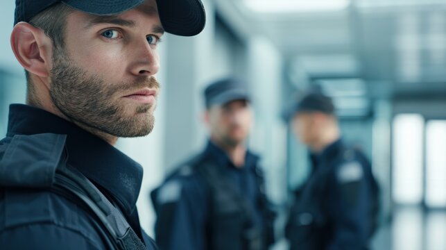 A security man in a black hat and uniform