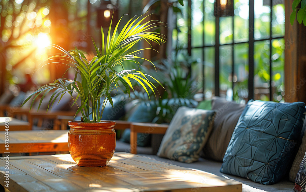 Poster a table with a vase of a plant and a few pillows on it. the table is in a room with a lot of plants 