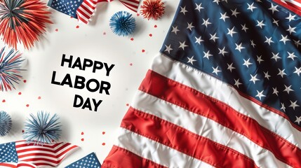Fototapeta premium Festive Labor Day celebration with American flags, fireworks, and confetti. Patriotic themes for the holiday.
