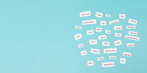 European languages, word hello in different language spoken in Europe, concept of multilingual...