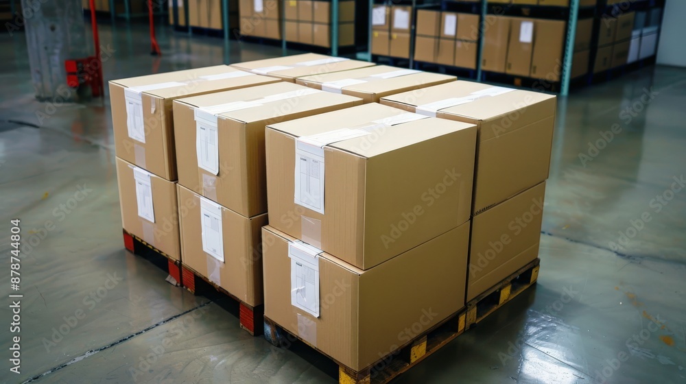 Poster a stack of cardboard boxes. the boxes are piled on top of each other