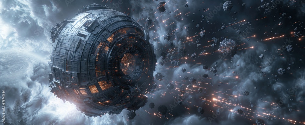 Poster futuristic spaceship flies through asteroid field on epic journey
