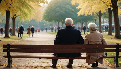 Depiction of a senior couple sitting on a bench in a park and watching the people