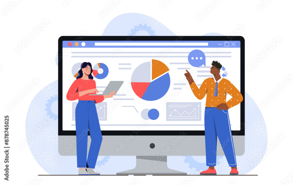 Poster business analysis concept. man and woman near computer monitor with graphs and diagrams. statistics 