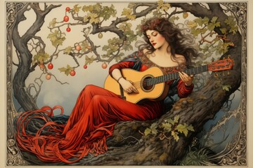 A Woman Plays a Guitar in a Tree