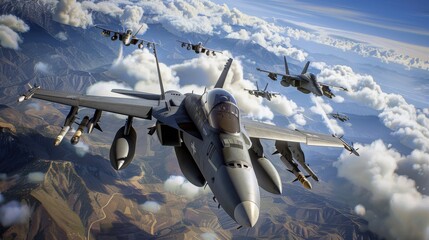 A group of fighter jets are flying in formation over a mountainous landscape