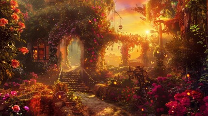 A magical stone pathway leading to a cottage in a lush garden at sunset