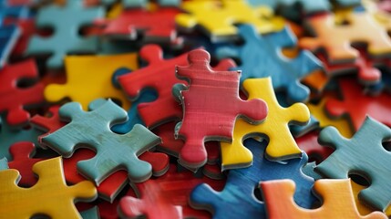 Jigsaw puzzle pieces in different colors are scattered and out of order.