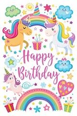 Obraz premium Poster, birthday card with unicorn, rainbow, balloons, watercolor style